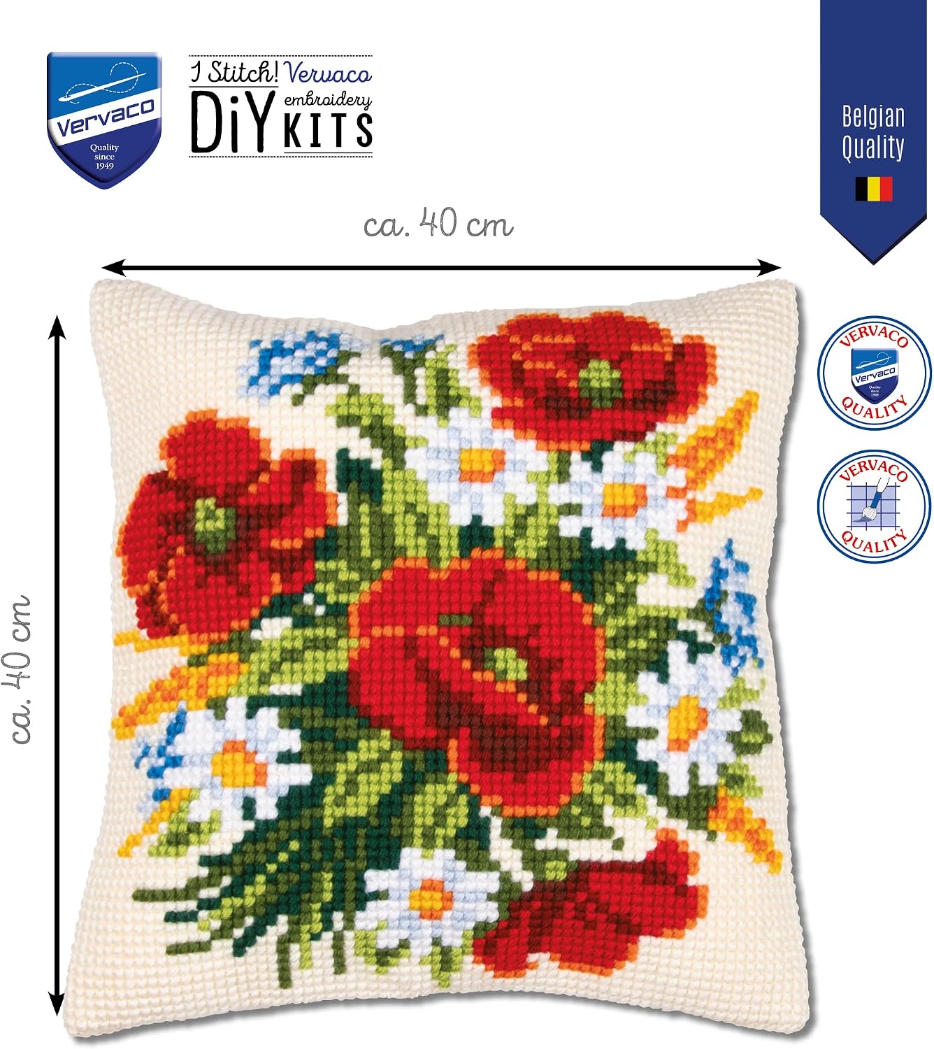 Detalle 2 de Vervaco zestaw do haftu krzyżykowego na poduszkę 40 × 40 cm, motyw kwiatowy