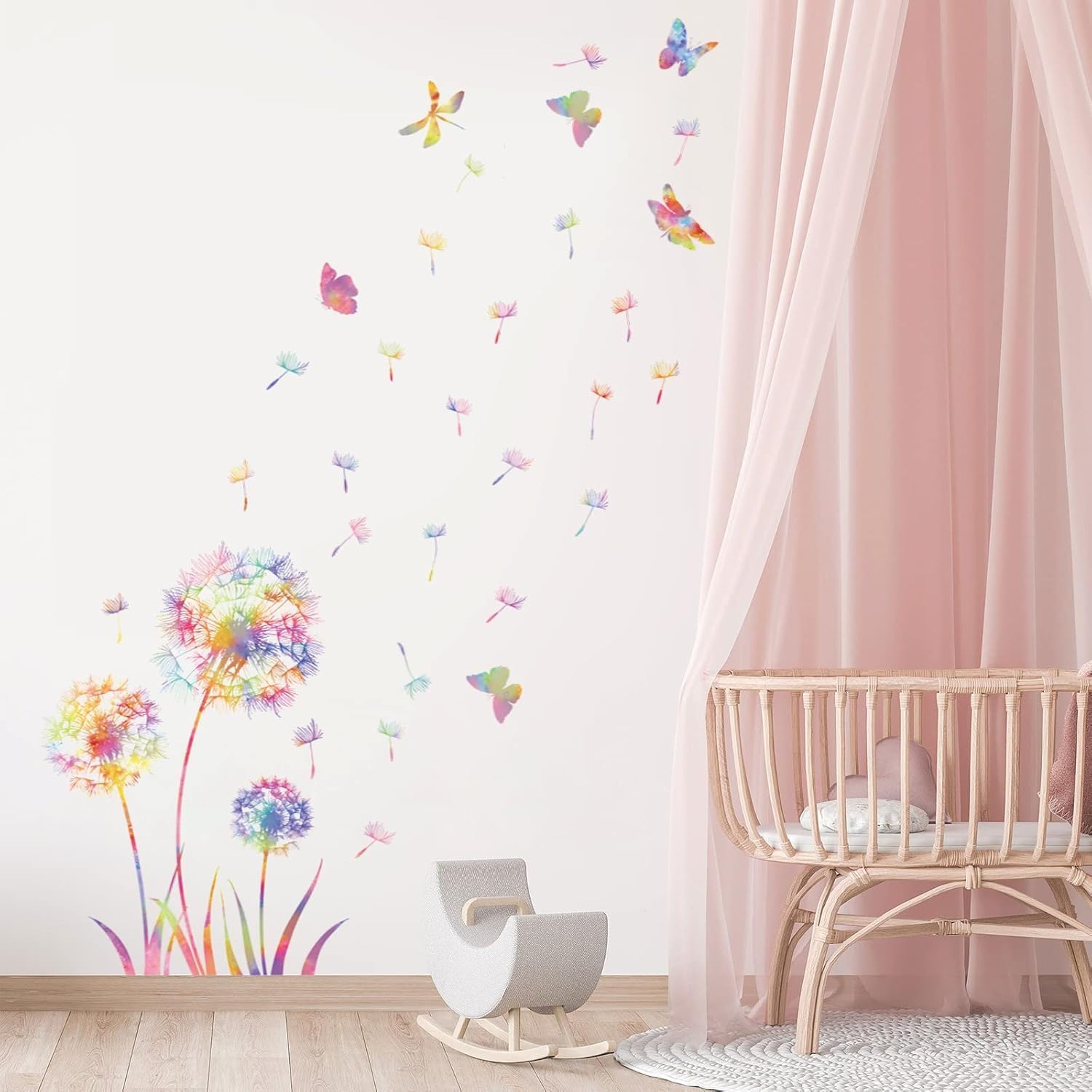 Detalle de KAIRNE Größe Wandtattoo Pusteblume mit Blumen & Schmetterling – bunte Wandsticker für Kinderzimmer & Schlafzimmer