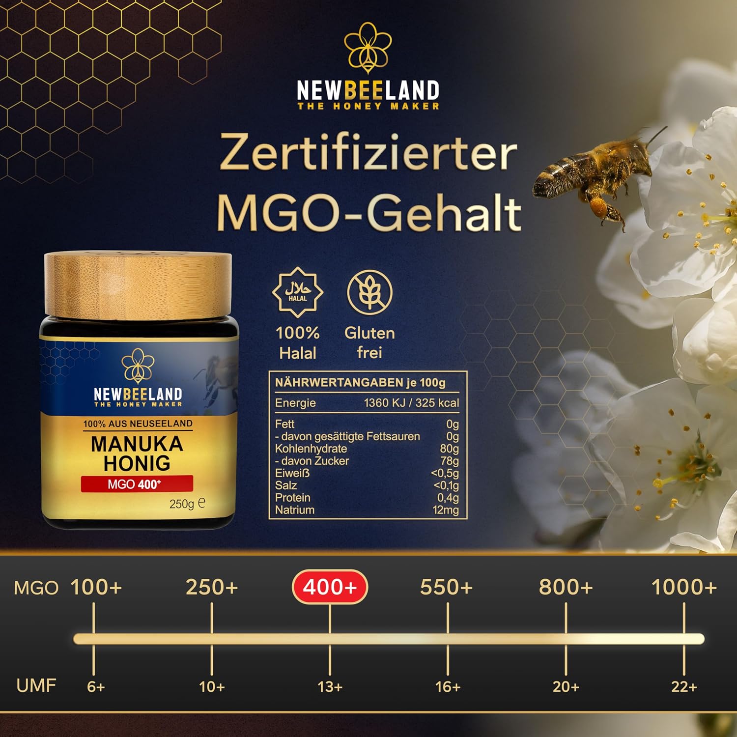 Detalle 2 de NEWBEELAND Manuka Honig MGO 400+ 250 g 🍯