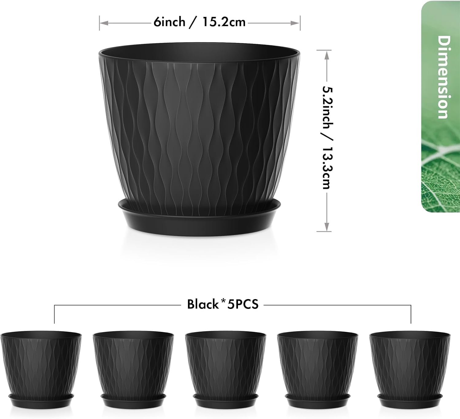 Thumbnail 4 de Homeuouz 15cm Stripe Groove Plastic Plant Pots, 5 Pack with Drainage Holes and Tray (Black)