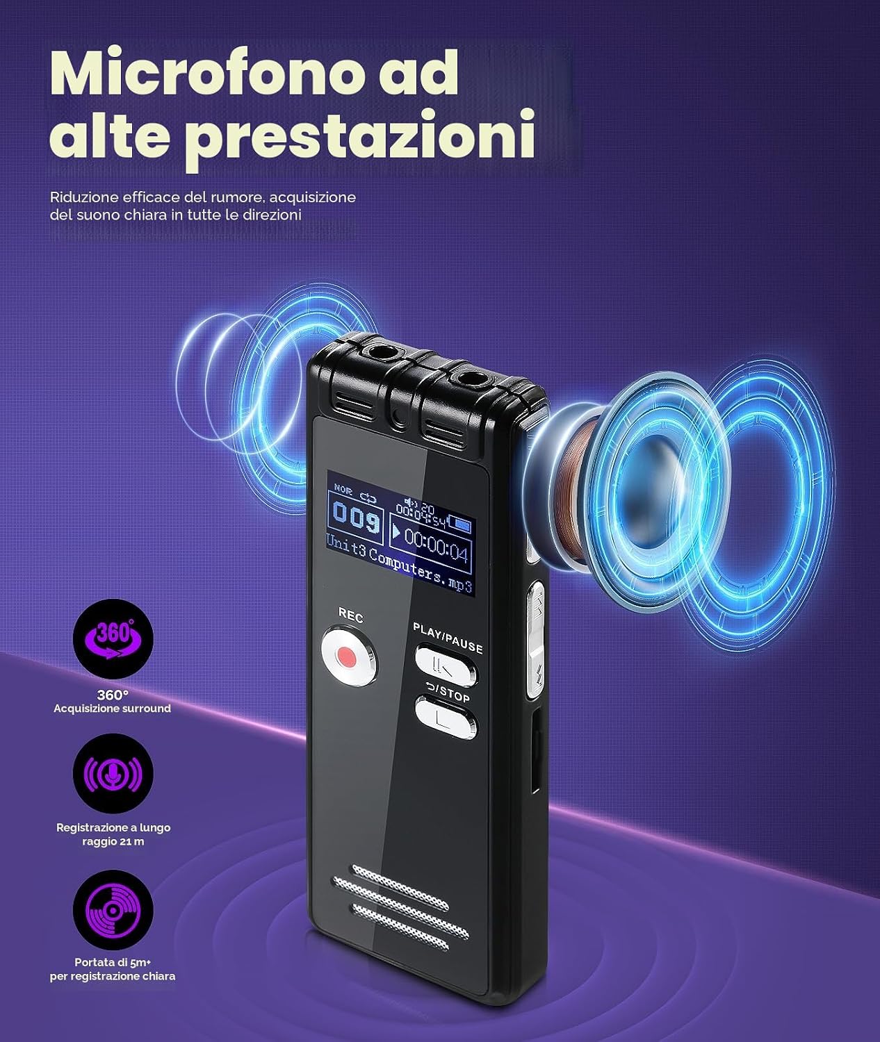 Detalle de NekSide Registratore vocale digitale 32 GB con One-Touch e Dual MIC: qualità e praticità per conferenze e interviste