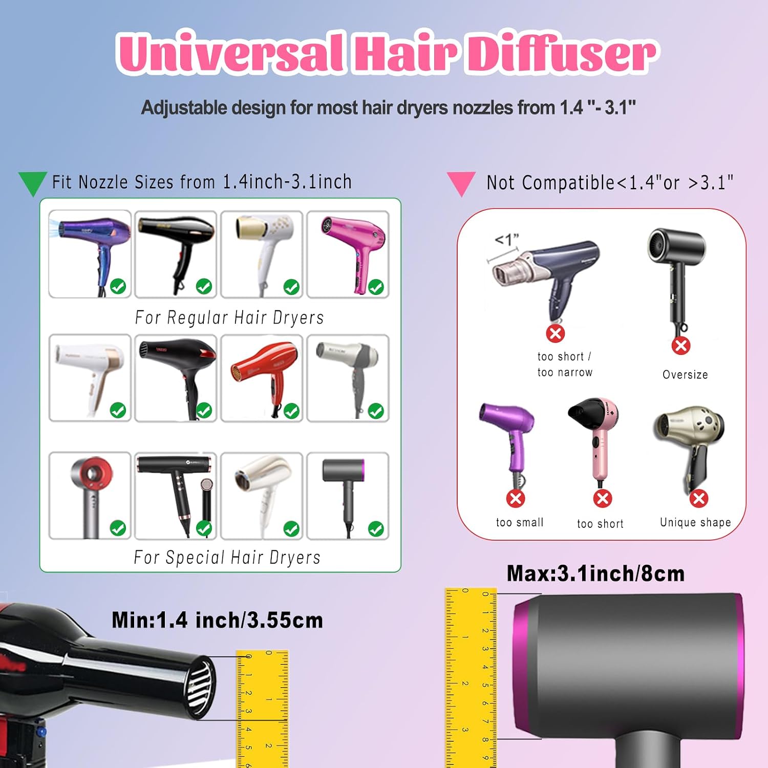 Detalle de Universal Hair Diffuser for 1.4"-3.1" Blow Dryers (Black) — Fits Most Nozzles, Reduces Frizz & Defines Curls