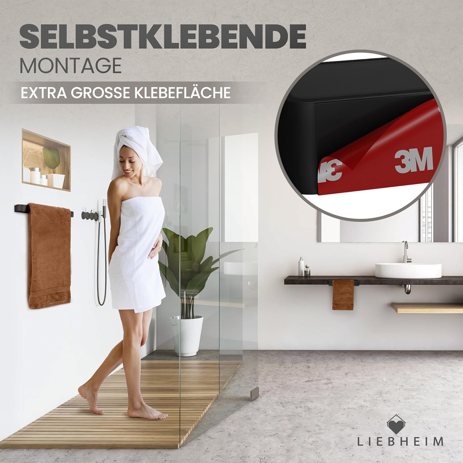 Thumbnail 4 de LIEBHEIM Handtuchhalter ohne Bohren, schwarz – Handtuchstange aus Aluminium, 40 cm