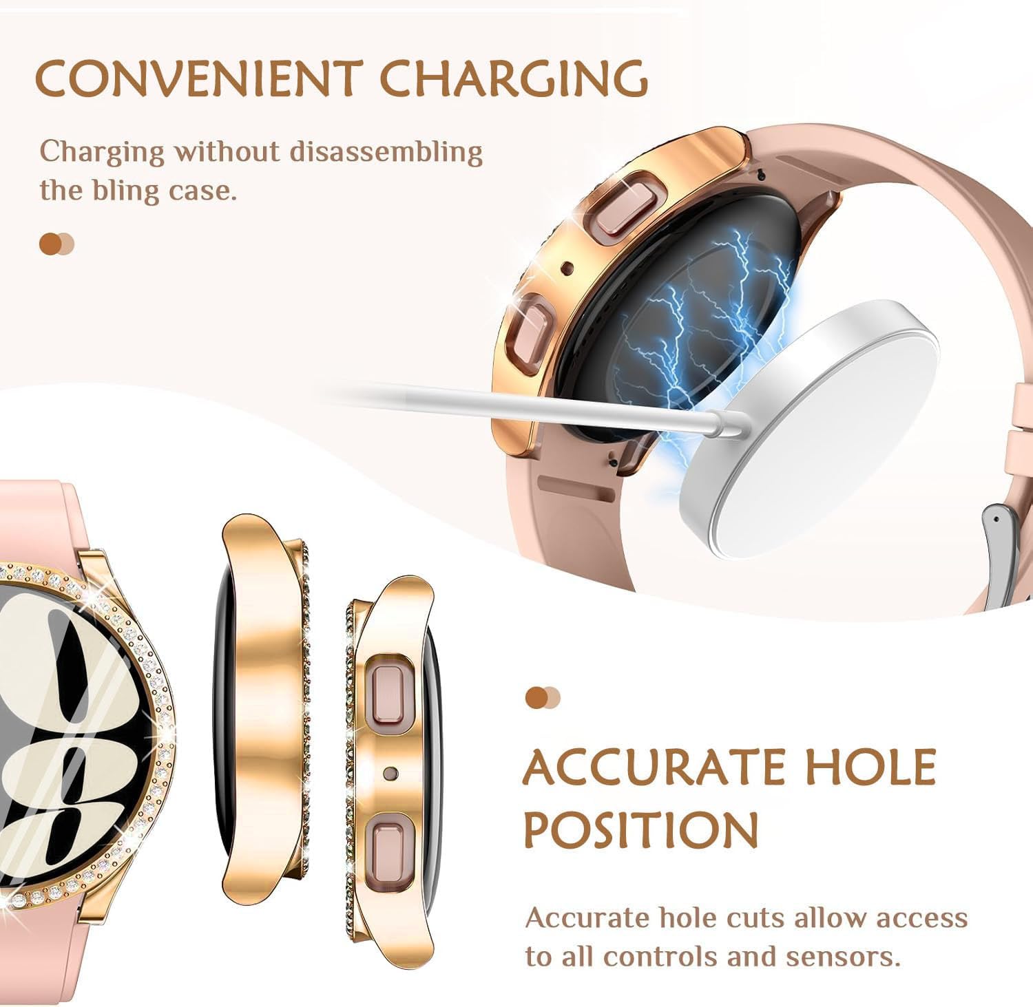 Detalle de DEALELE 2-Pack Tempered Glass Case for Samsung Galaxy Watch 6 (40mm) – Rose Gold + Transparent