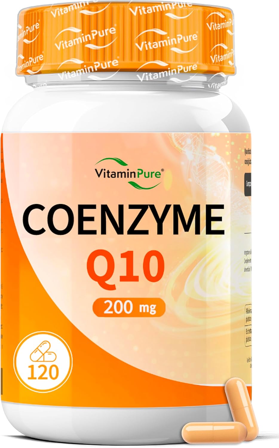 Detalle de Coenzyme Q10 200 mg par gélule – VitaminPure, 120 gélules (4 mois) végétales, Q10 fermenté pour meilleure biodisponibilité
