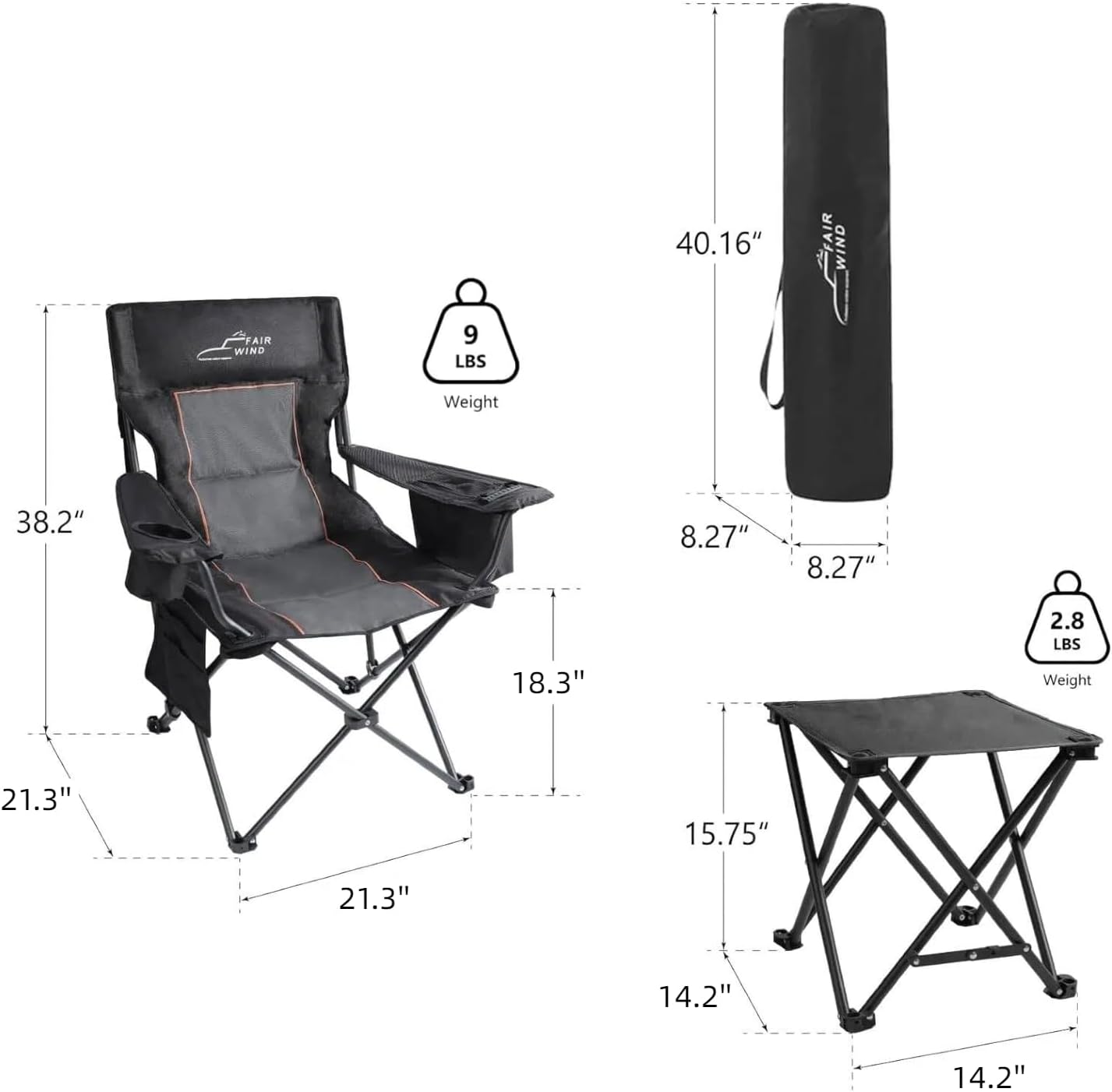 Thumbnail 2 de FAIR WIND Oversized Padded Camping Chair with Footrest Stool Set – Heavy Duty, 300 LBS, Cooler Bag (Black/Gray)