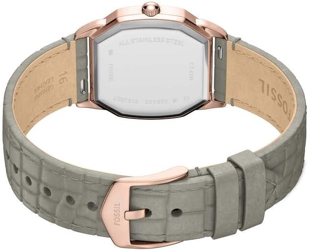Detalle de Fossil Harlow Damenuhr – Roségold, Quadrat-Design, Quarz-Dreizeigerwerk, graues Lederarmband