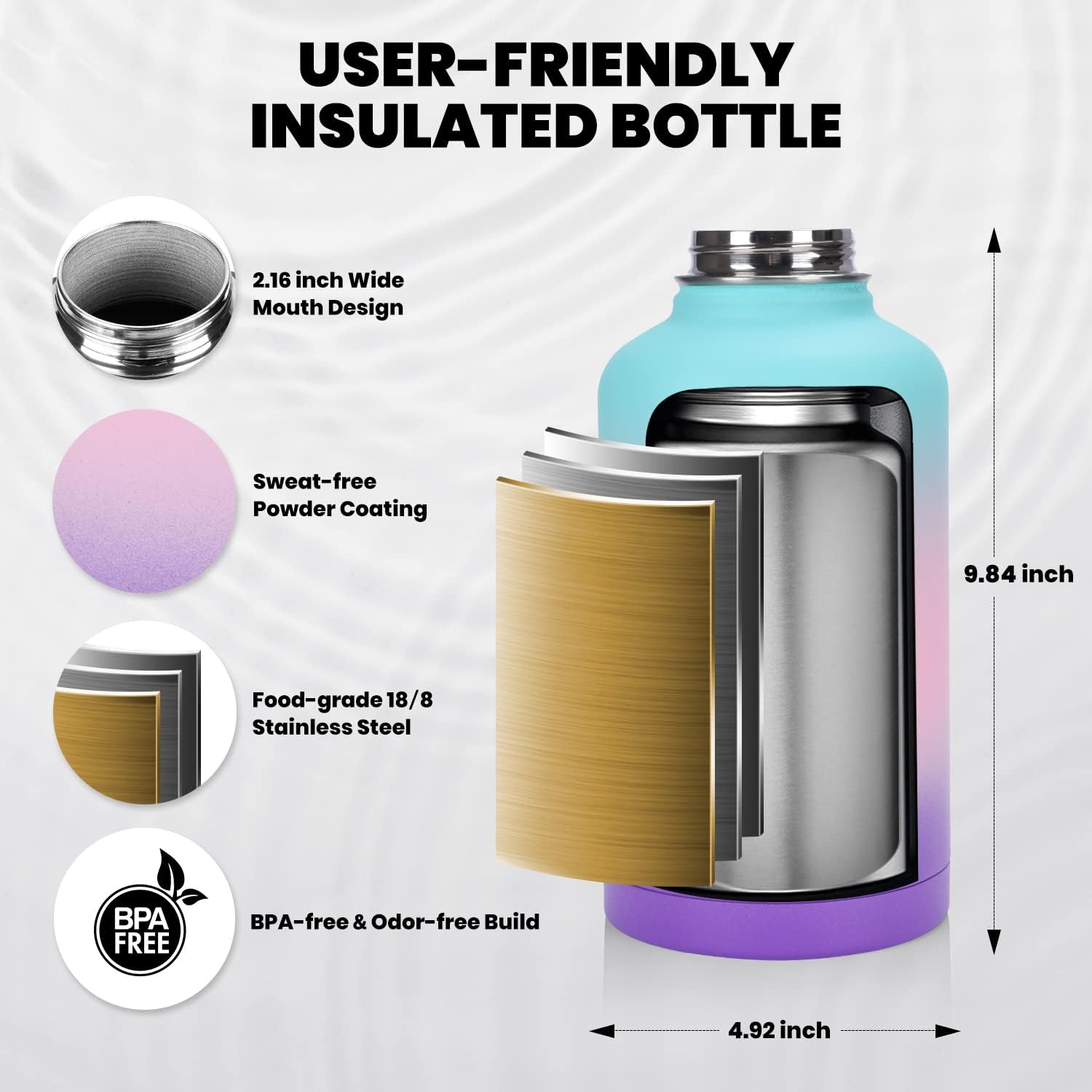 Detalle de RAYMYLO 64 oz Insulated Stainless Steel Bottle with Triple-Wall Vacuum, Leak-Proof Lids, Paracord Handle, and Hydration On-The-Go