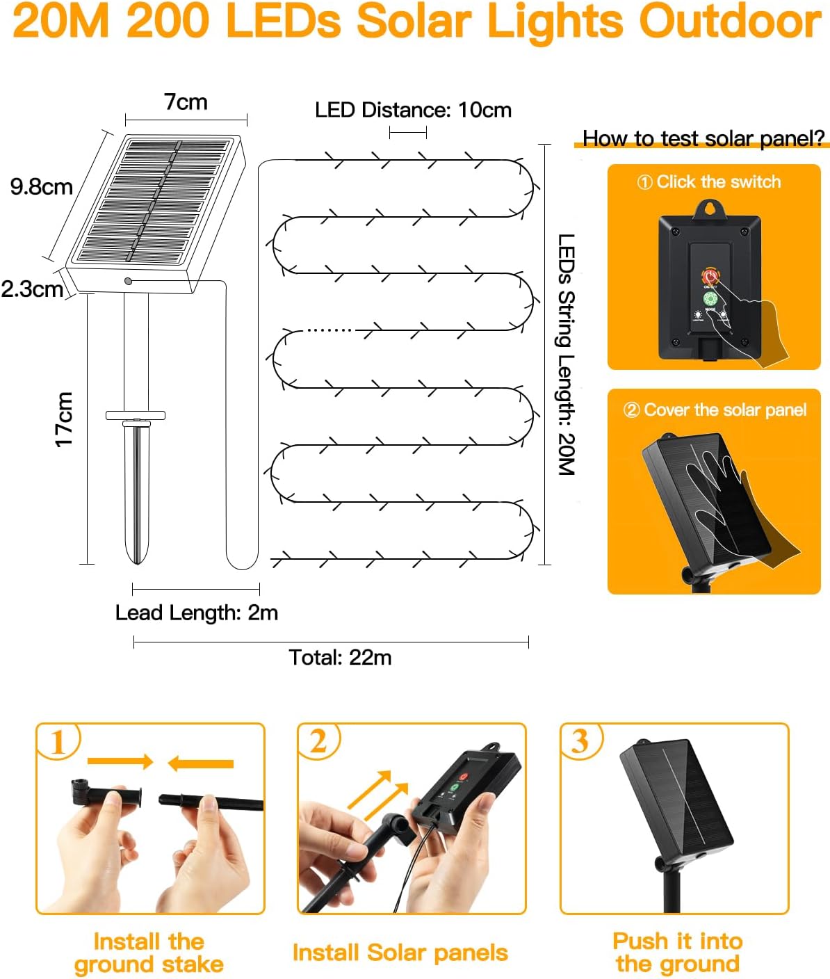 Detalle de Ollny Solar Lights Outdoor Garden 20m 200 LED Solar Fairy Light String with Warm White, IP44 & 8 Modes