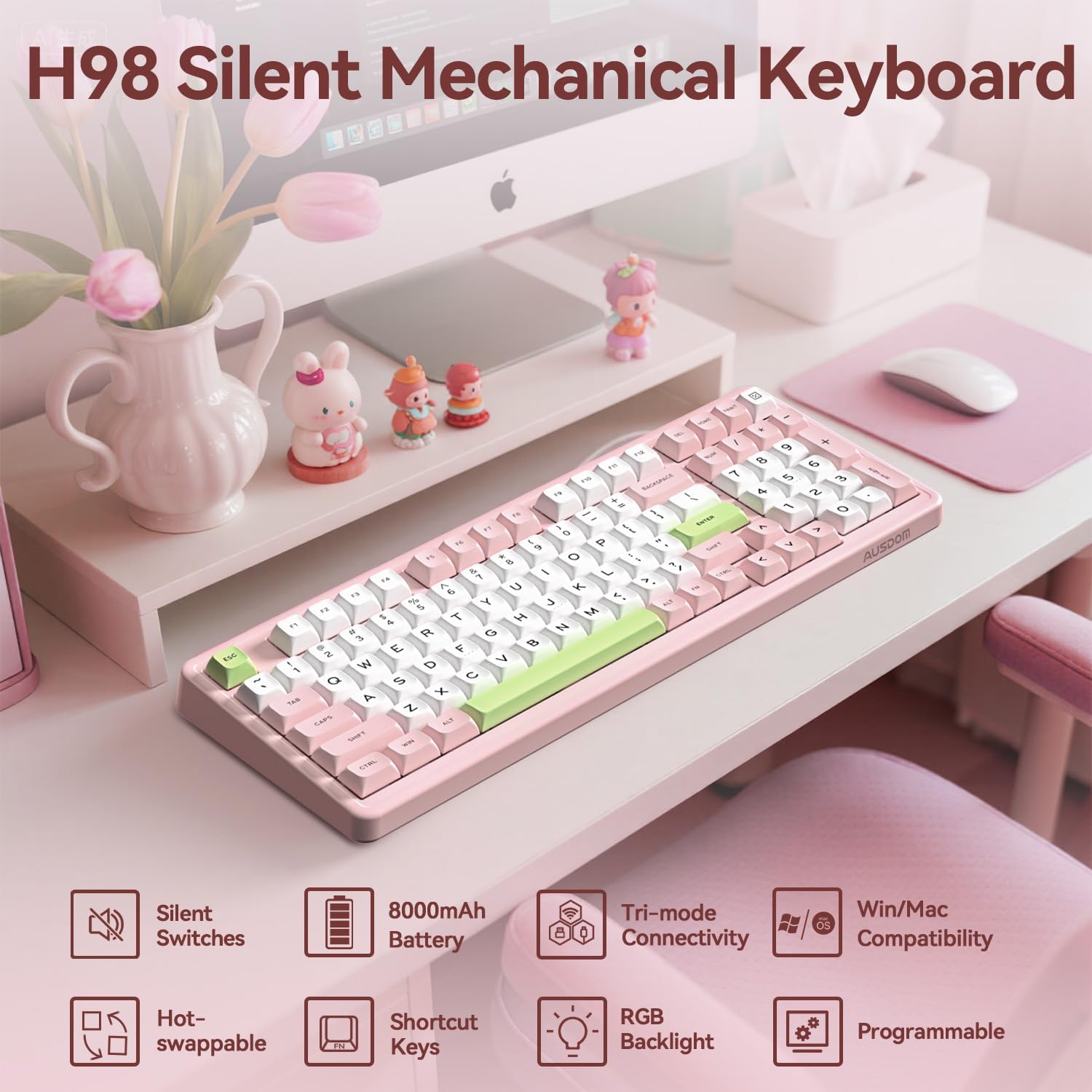 Detalle de AUSDOM H98 Pink Creamy 98-Key Mechanical Keyboard with RGB and Tri-Mode Connectivity