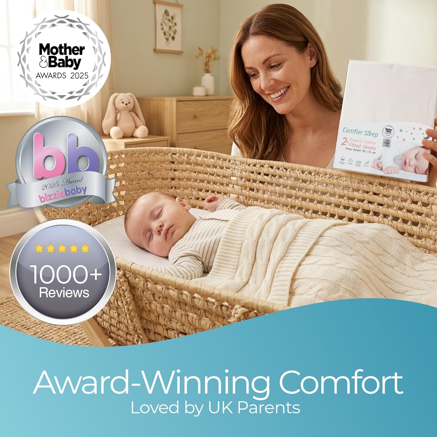 Thumbnail 3 de Comfier Sleep White Moses Basket Sheets 30x76cm (2 Pack) – Organic Cotton fitted pram & moses basket sheets