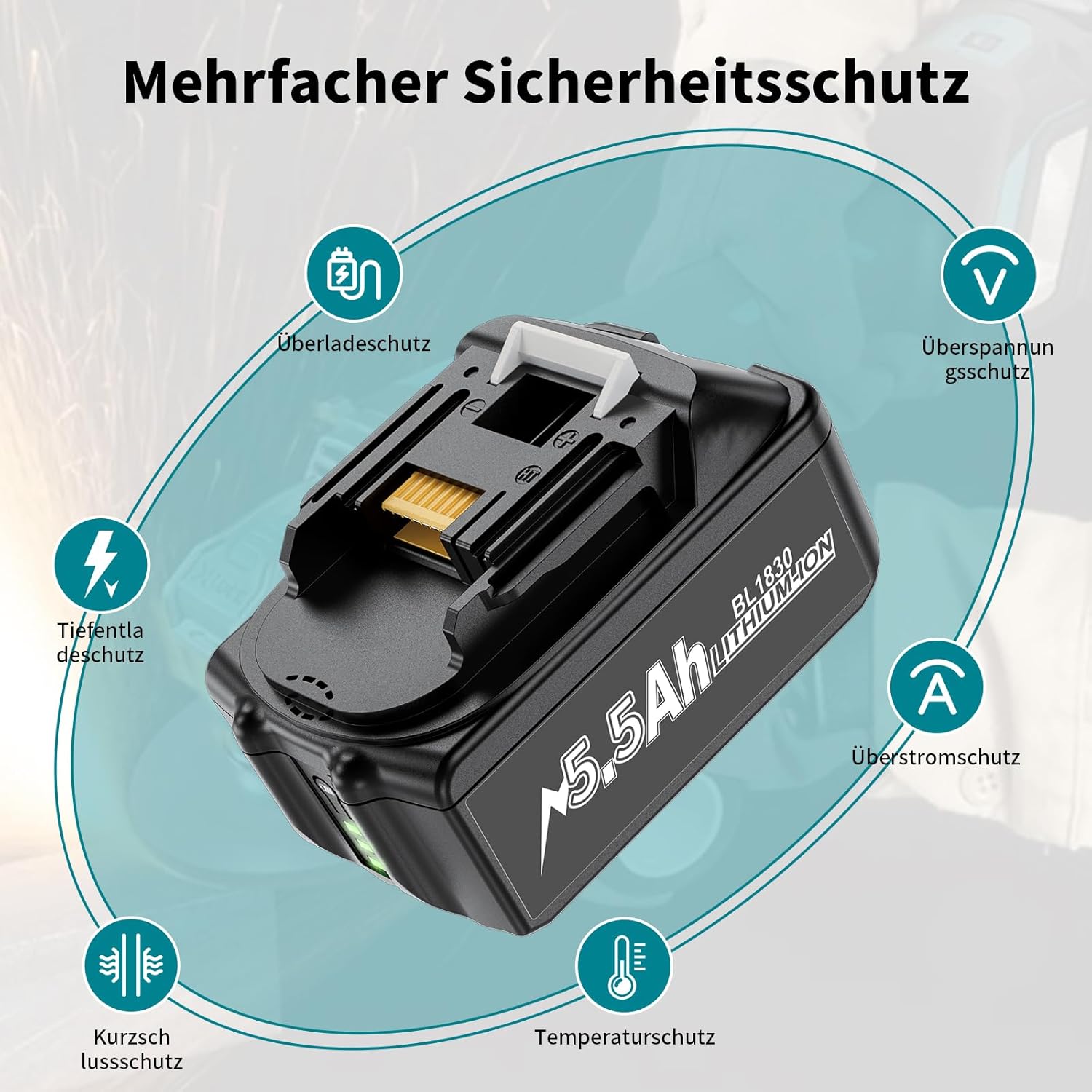 Detalle de 2 x 5500 mAh Makita 18V Ersatzakku – robustes Hochkapazitäts-Upgrade mit LED-Anzeige
