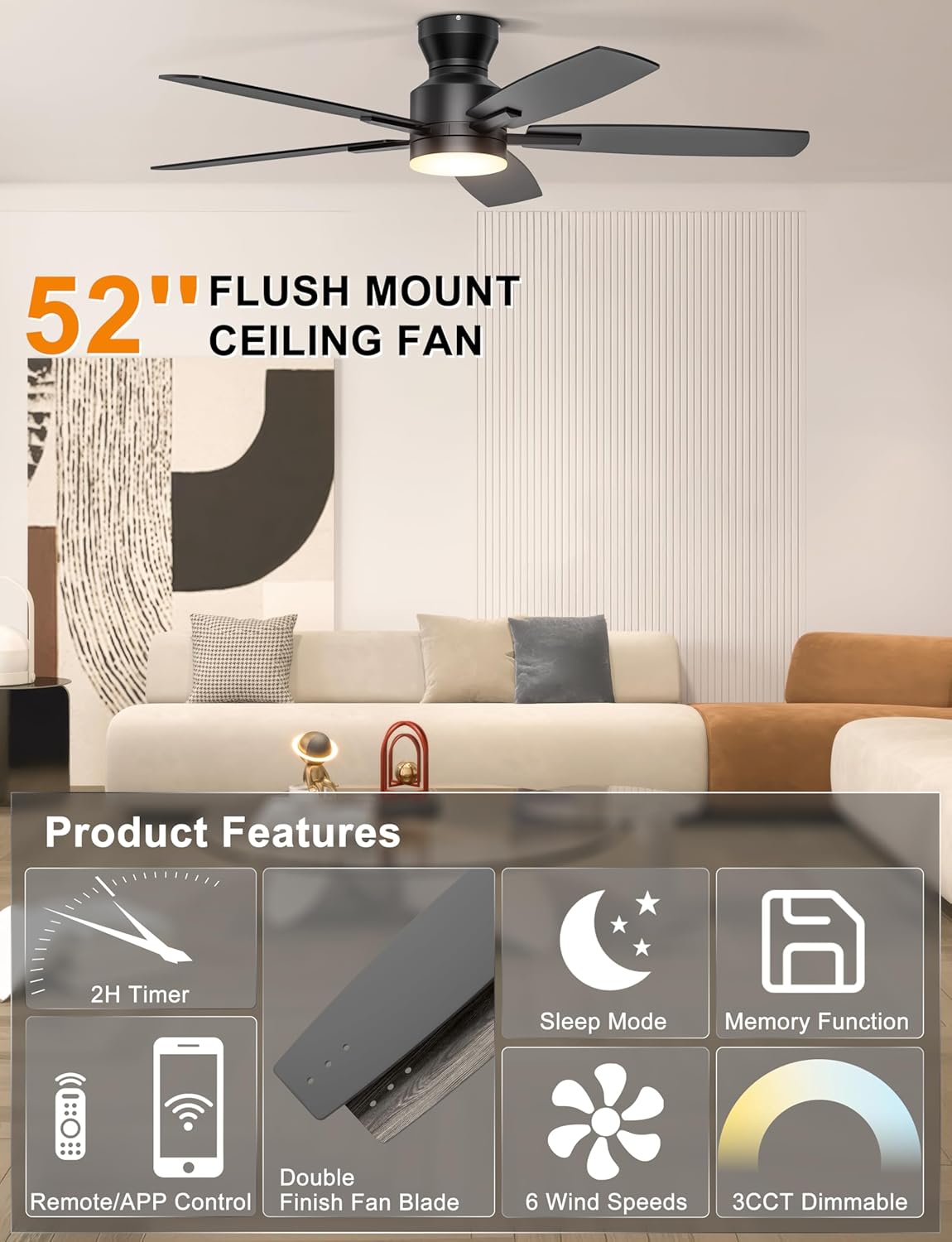 Thumbnail 2 de Ohniyou Ventilatore da soffitto a basso profilo 52 pollici con luce: controllo remoto e app, silenzioso e reversibile