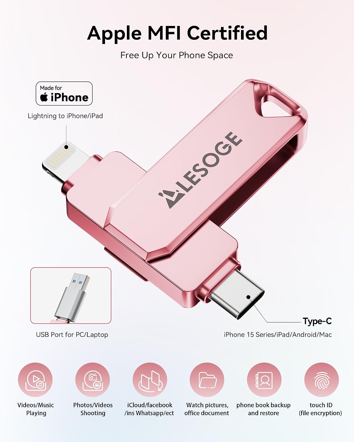 Thumbnail 1 de MFi Certified 256GB iPhone Photo Stick Flash Drive (Lightning + USB-C) — Grey