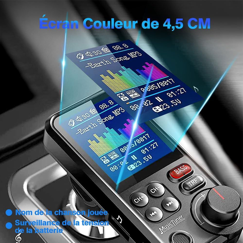 Detalle 2 de GizmoVine Transmetteur Bluetooth Voiture – Allume-cigare, USB QC3.0 et Écran couleur 4,5 cm