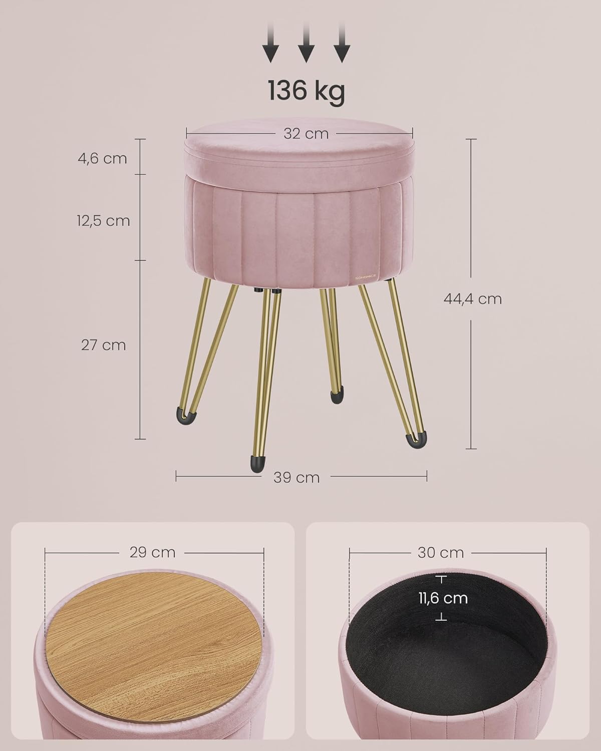 Thumbnail 2 de SONGMICS Sgabello Pouf Contenitore in Velluto Rosa Pastello – Cassapanca Rotonda, 39 x 44,4 cm