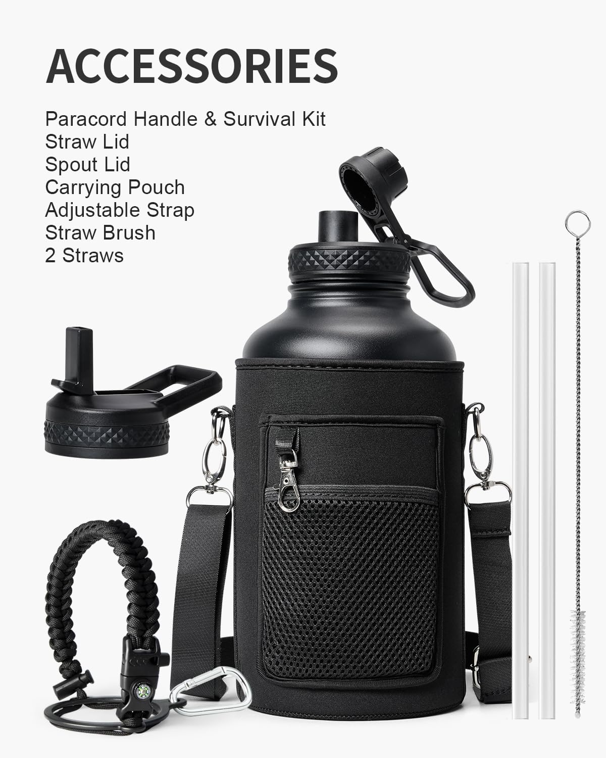 Thumbnail 6 de Topre 64oz Insulated Water Bottle: Half Gallon Stainless Steel Jug with Dual Lids and Paracord Survival Kit