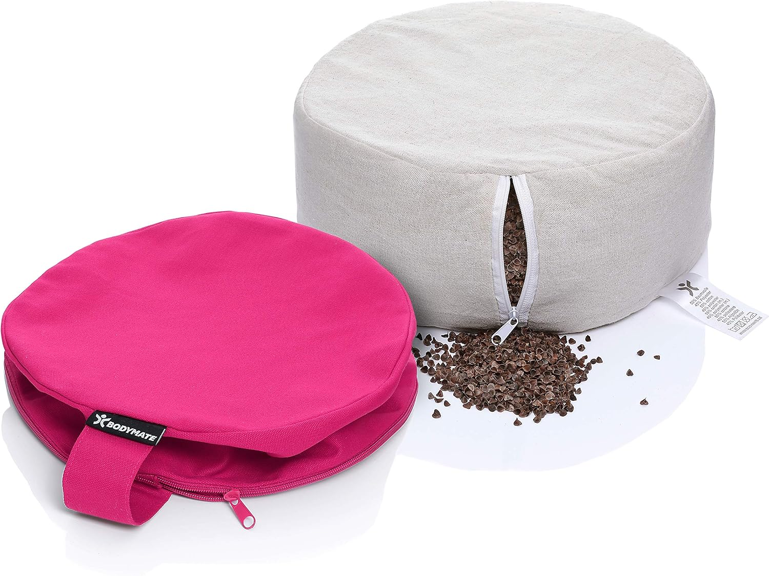 Detalle de BODYMATE Round Yoga and Meditation Cushion, 31 cm, Adjustable Buckwheat Filling