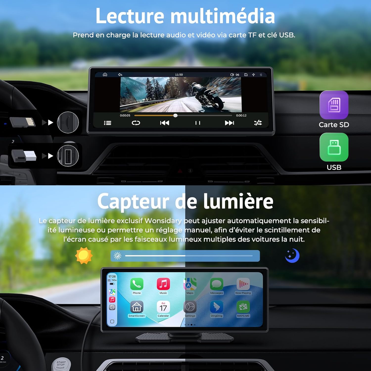 Thumbnail 4 de Wonsidary Carplay 10,26'' — Écran multimédia sans fil avec CarPlay/Android Auto, caméra de recul et commandes au volant