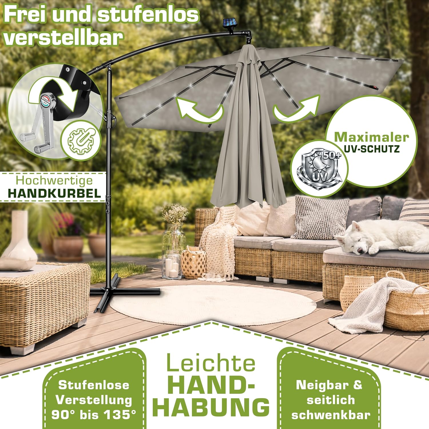 Thumbnail 2 de tillvex Alu Ampelschirm mit LED Solar Abdeckung, Kurbel und UV-Schutz Ø 300 cm
