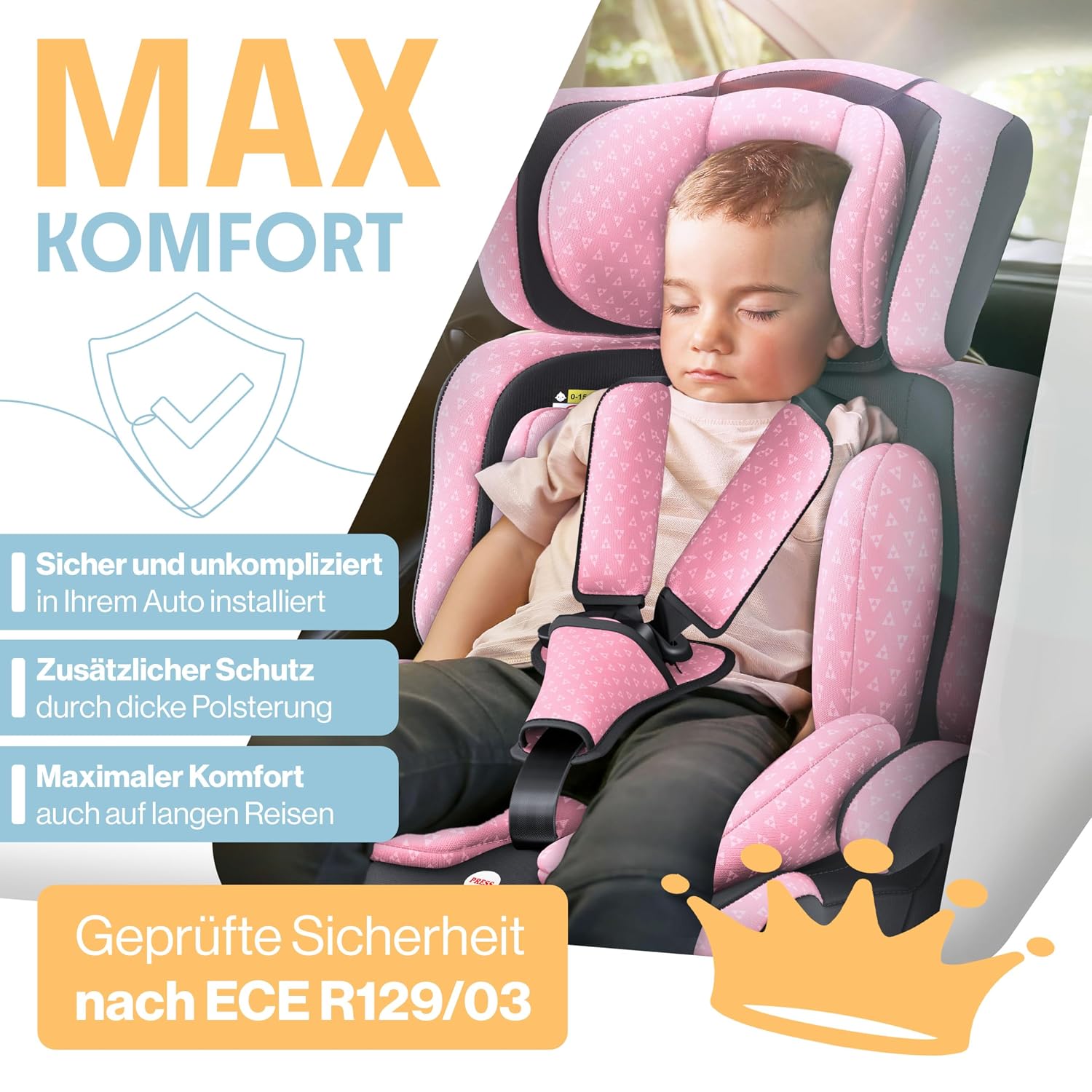 Detalle de KIDIZ Autokindersitz i-Size R129 (100–150 cm) bis 12 Jahre – Gruppe 1/2/3 ohne Isofix, 5-Punkt-Gurt, Rosa