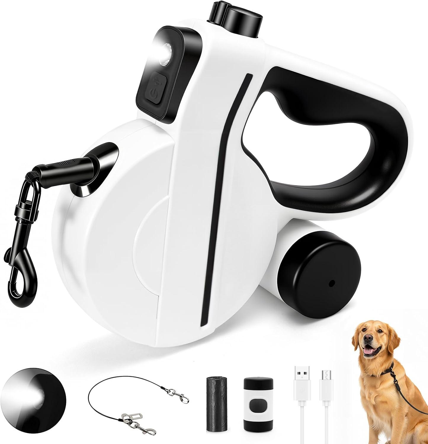 Detalle de PETSWEET Retractable Dog Leash with LED Light, Reflective Tape and 16ft Lead