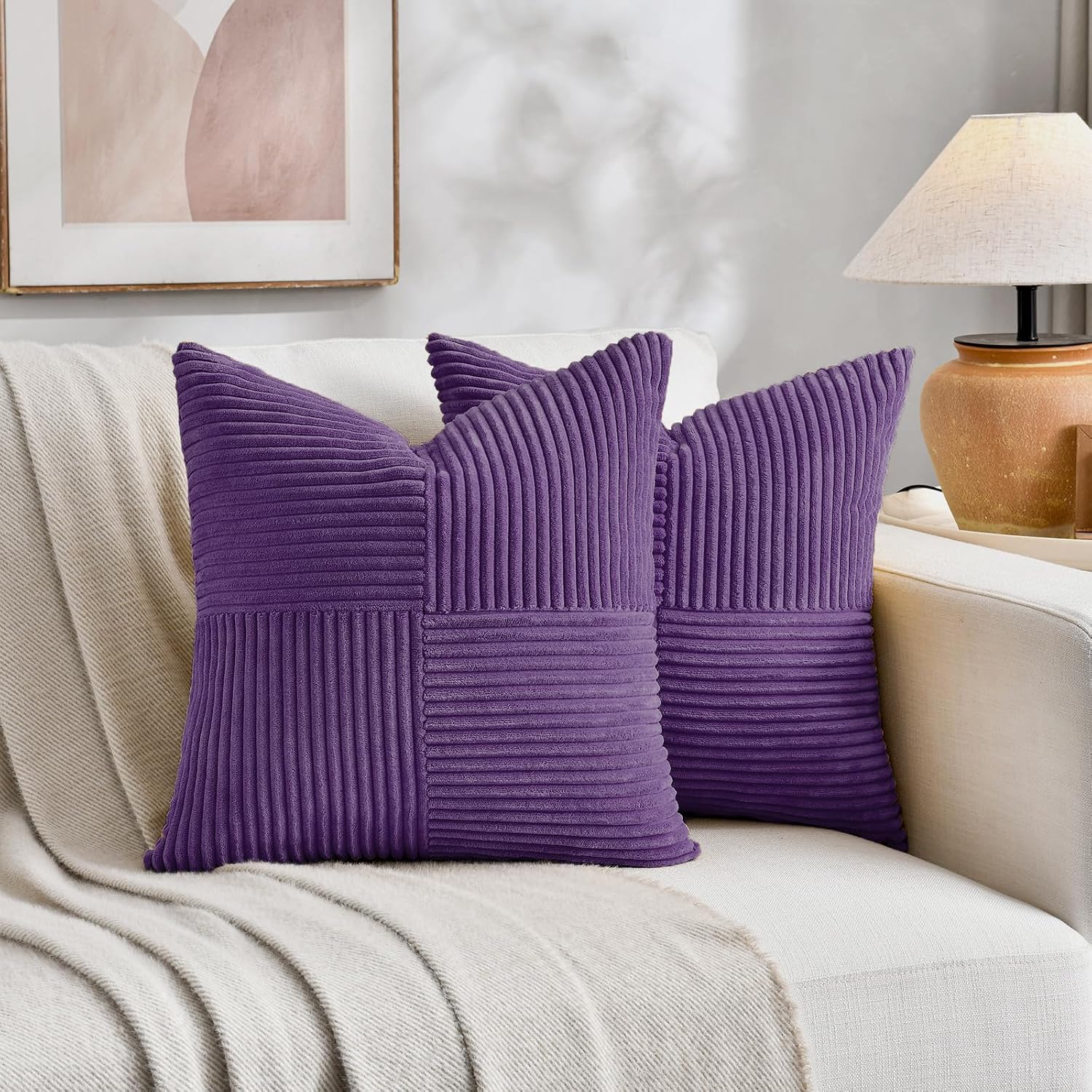 Detalle 1 de Fancy Homi 2 Packs Purple Corduroy Decorative Throw Pillow Covers 18x18 (45x45 cm) – Front Patchwork, Back Solid