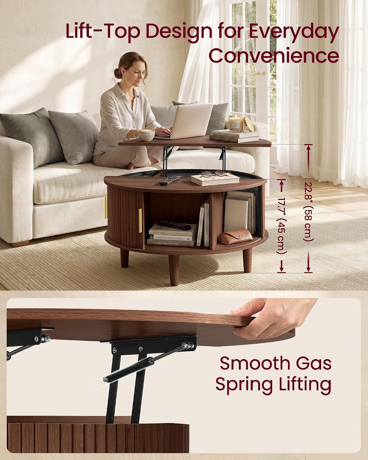Detalle 2 de VASAGLE ULCT275K201 Round Lift-Top Coffee Table, Chestnut Brown, Fluted Design