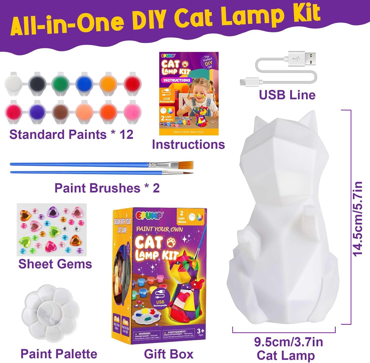 Detalle 2 de EPUMP Paint Your Own Cat Lamp Kit (Rechargeable 1200mAh) with 2 Light Modes