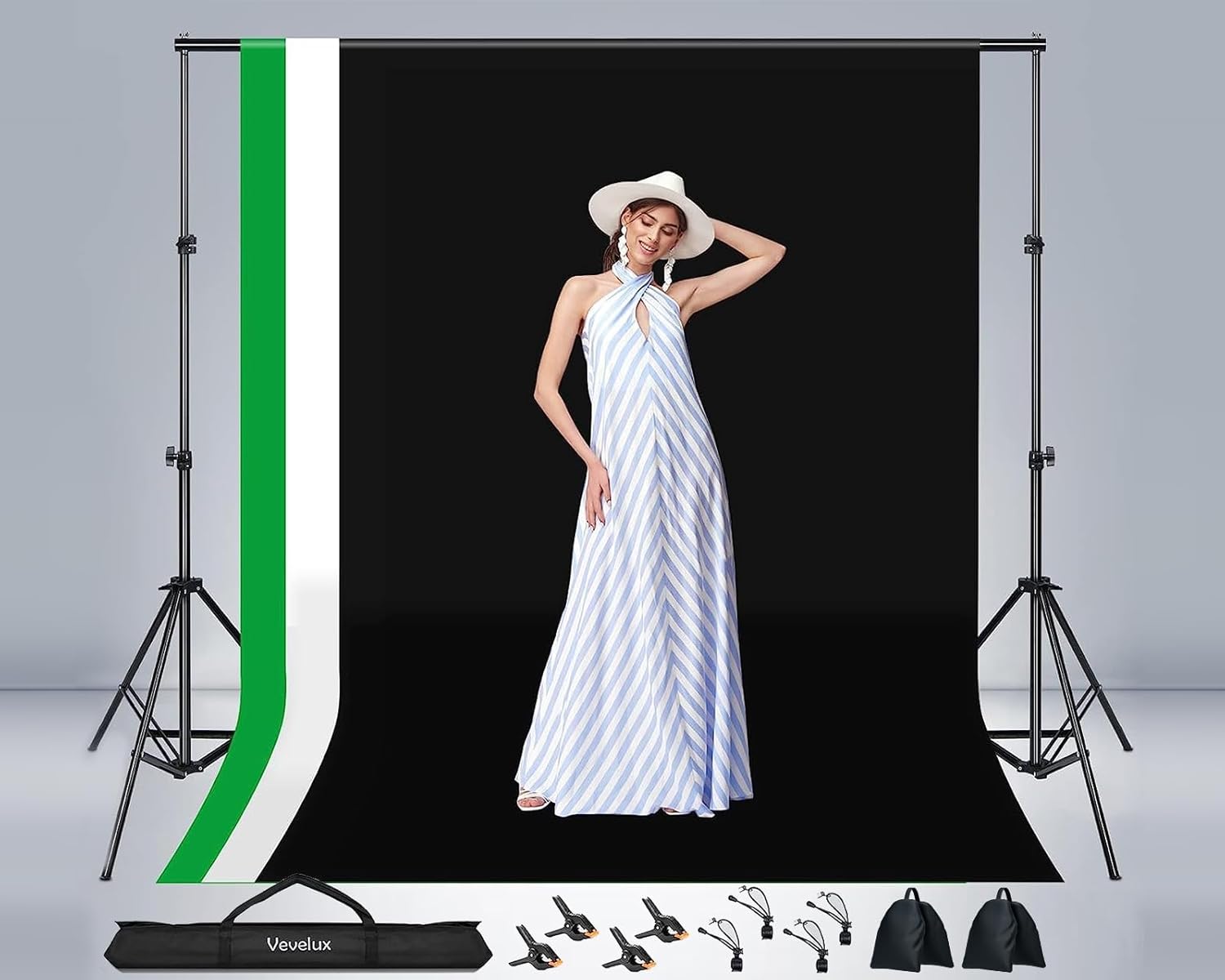 Thumbnail 6 de Vevelux 2,6x3 M Système de Support Fond Photo Kit — toile 2x3 m (Noir Blanc Vert) avec 8 pinces, 2 sacs de sable et sac de transport