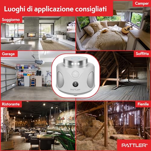 Detalle 2 de PATTLER Dissuasore Ultrasuoni per Topi – Repellente 360° 3 Modalità, copertura 180 m², interno/esterno