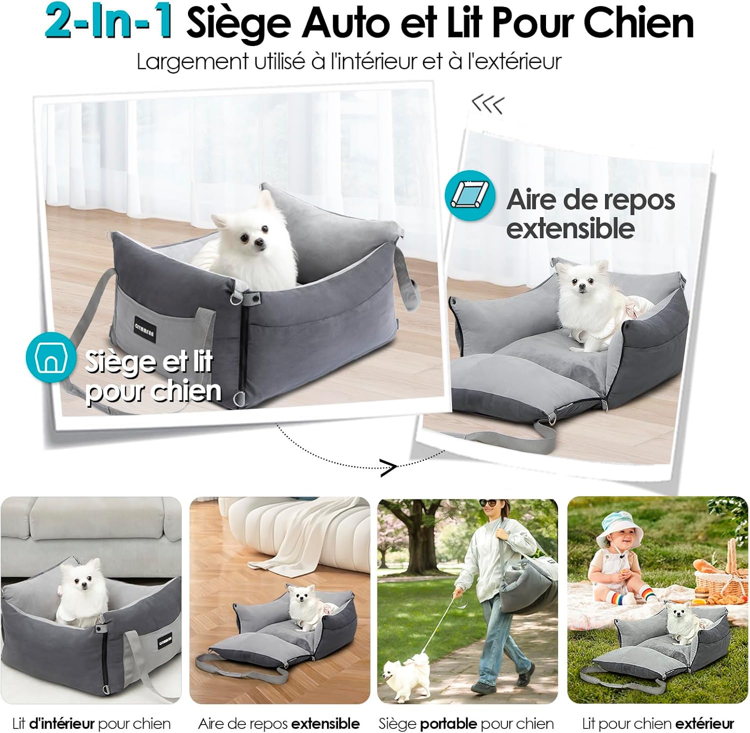 Thumbnail 1 de Siège auto chien portable Siege Auto Chien Voiture (moins de 15 kg) avec aire de repos extensible et clips de sécurité