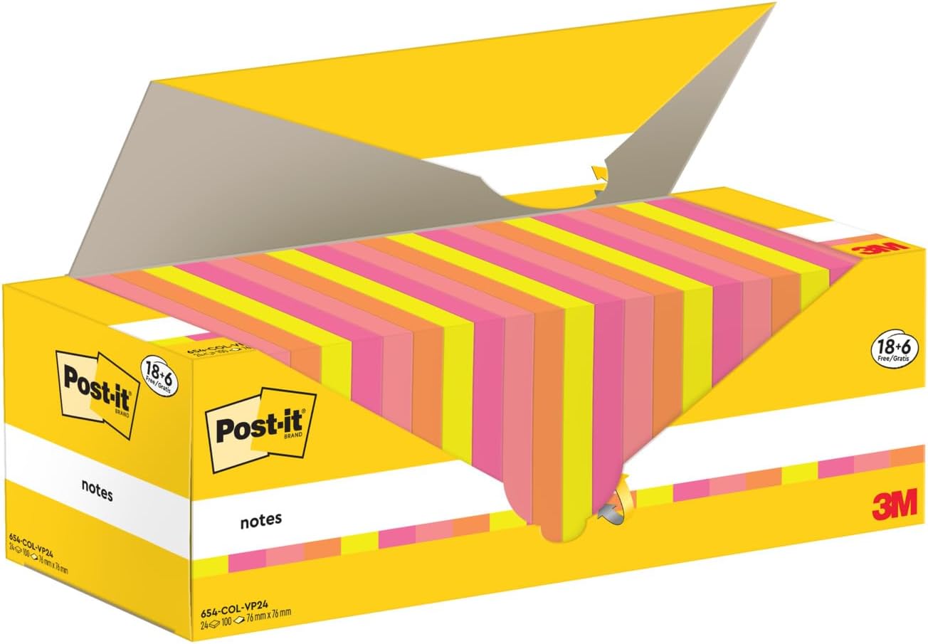 Post-it Notes Vorteilspackung: 18 Blöcke à 100 Blatt, 76 × 76 mm – verschiedene Farben (6 GRATIS)