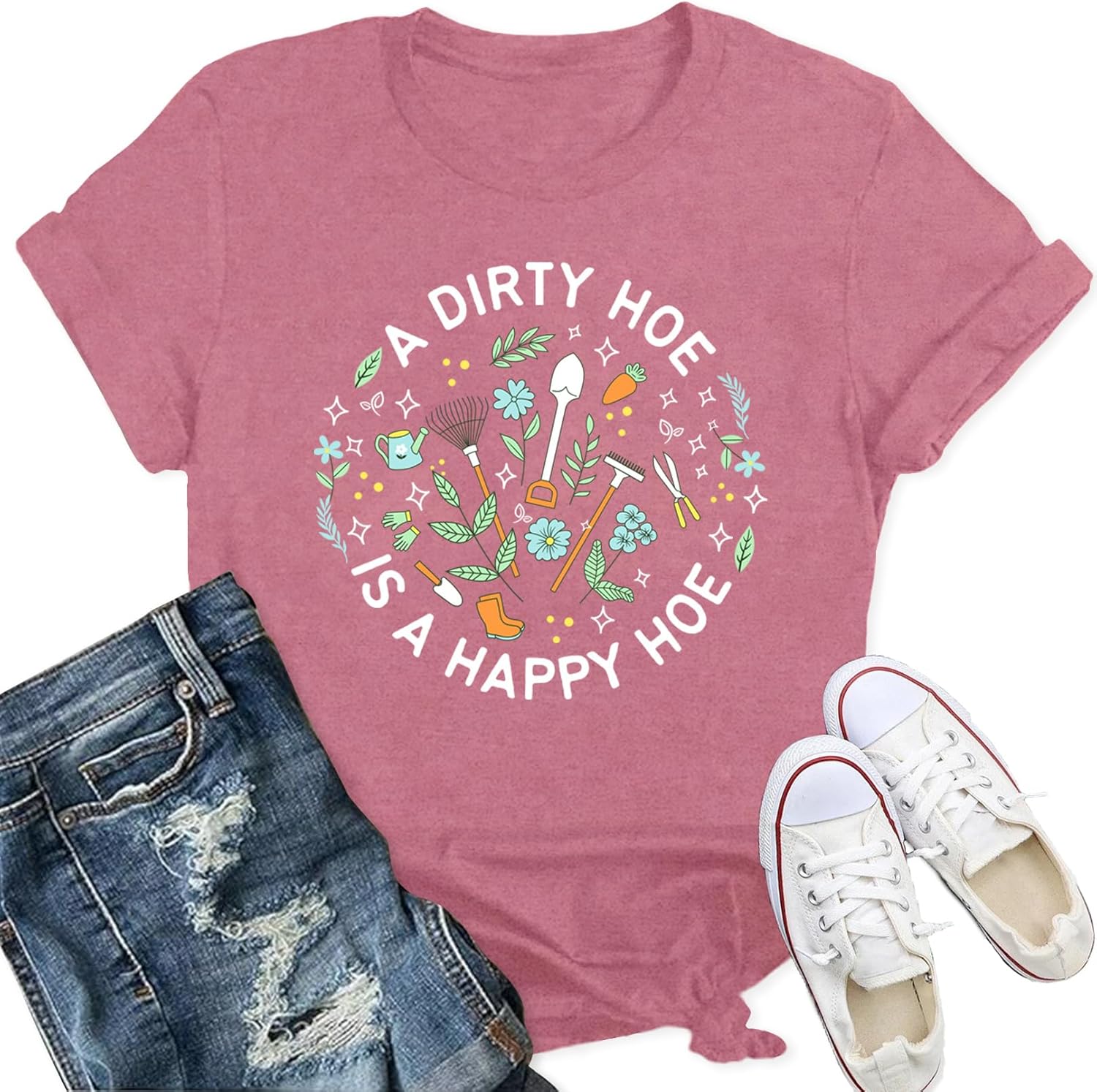 Detalle de Qskall Women’s Garden T-Shirts: Farmer Gardening “A Dirty Hoe is a Happy Hoe” Tee