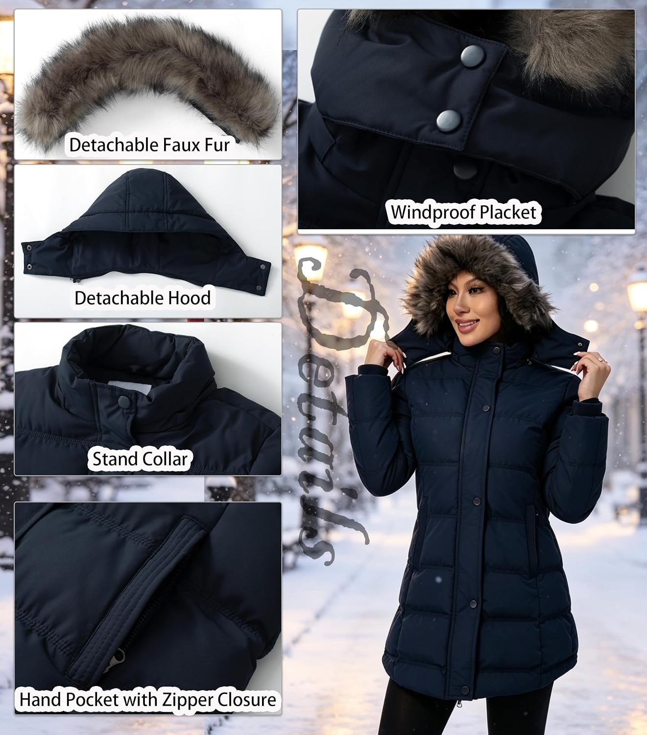Detalle de GGleaf Women's Quilted Winter Puffer Coat with Removable Fur Hood