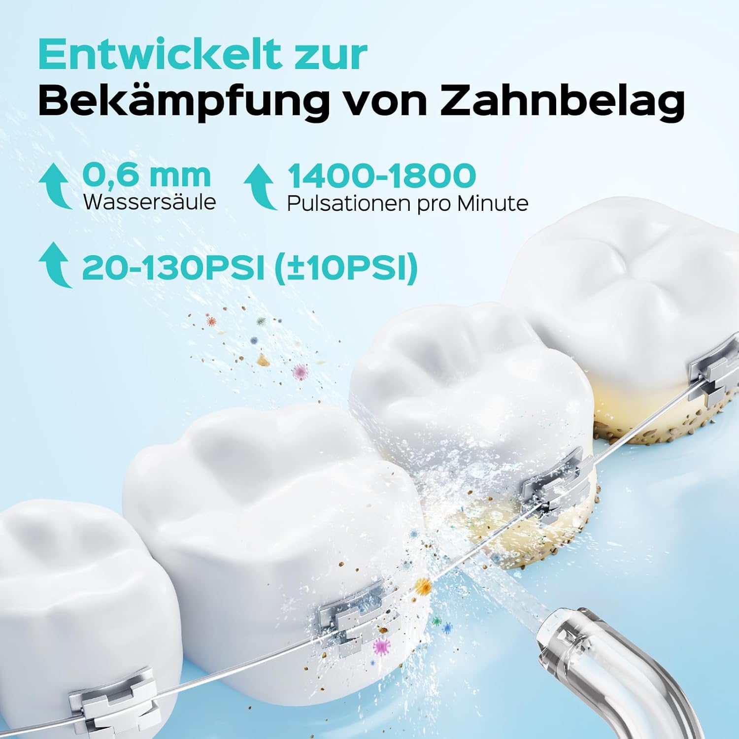 Detalle de COSLUS C51 Munddusche – Kabellos, 3 Modi, 6 Druckstufen, 300 ml