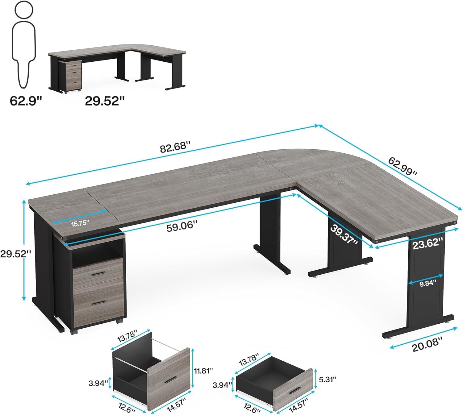 Thumbnail 2 de LITTLE TREE QP083A Reversible L-Shaped Executive Desk with Mobile File Cabinet