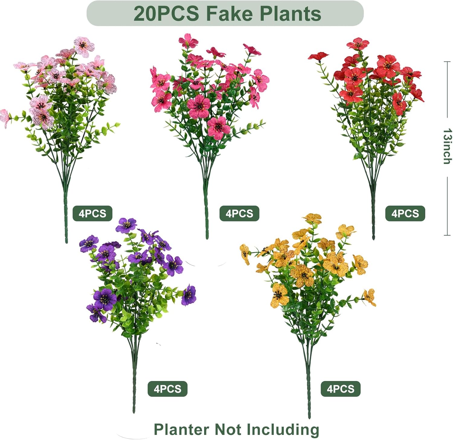 Thumbnail 2 de trytuny Artificial Flowers for Outdoor: UV-Resistant Faux Silk Plants (20, Yellow / Purple / Rosy Pink / Red) for Porch, Patio, and Window Boxes