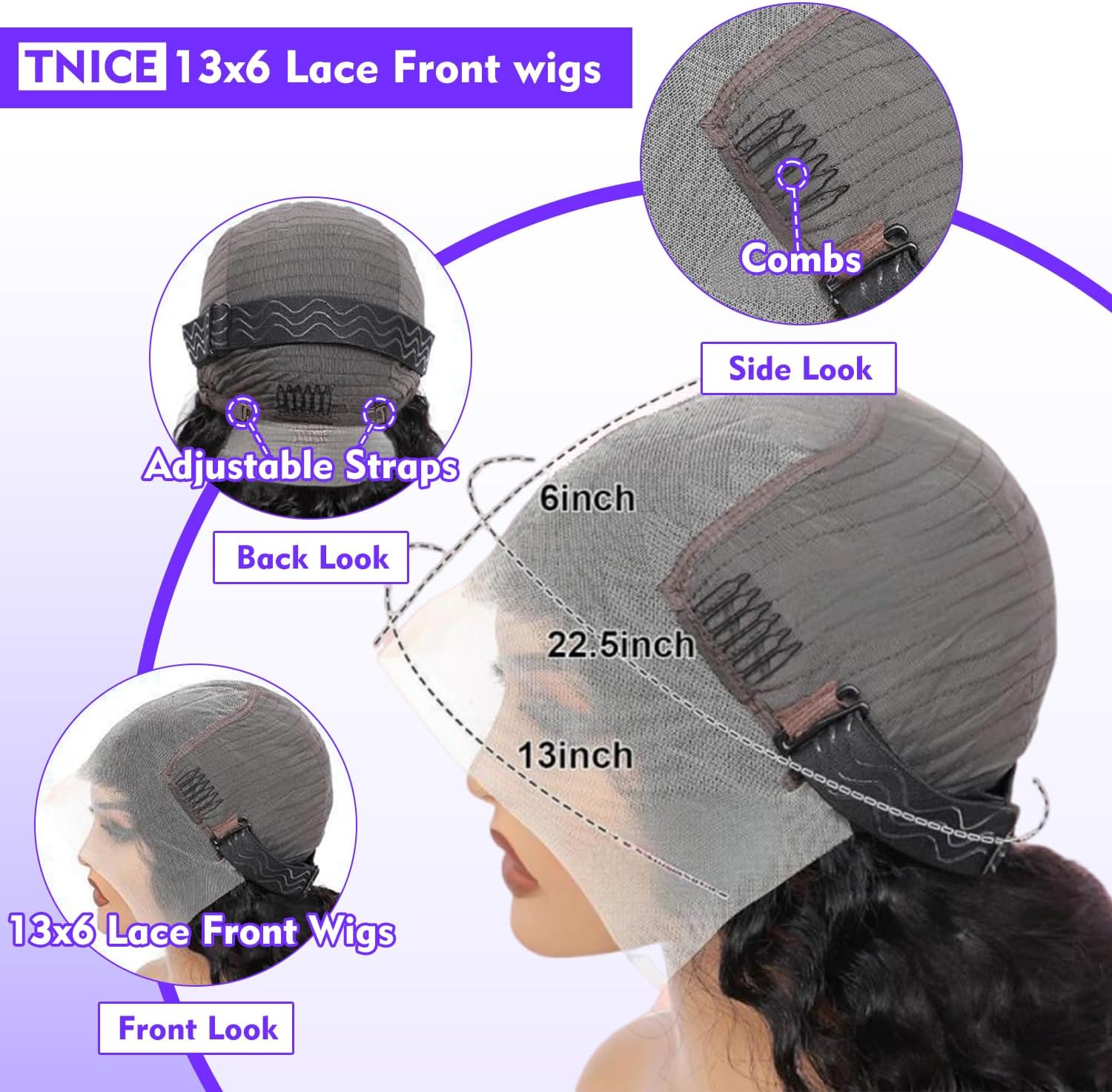 Detalle 2 de TNICE 18 inch Body Wave pruik van mensenhaar met 13x6 lace front