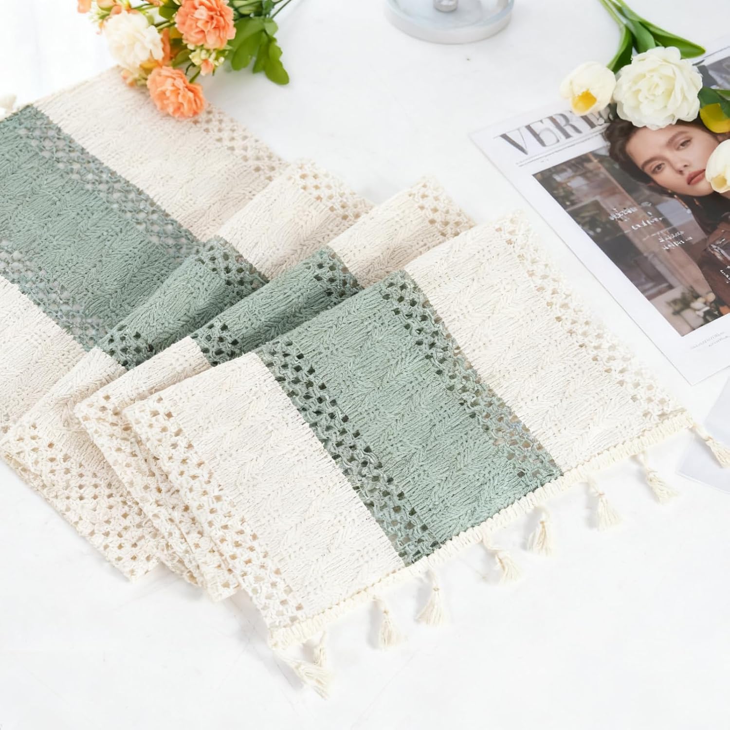 Thumbnail 6 de Tischläufer Grün Boho Eukalyptus – 30 × 140 cm, handgewebt mit Spitze, waschbar