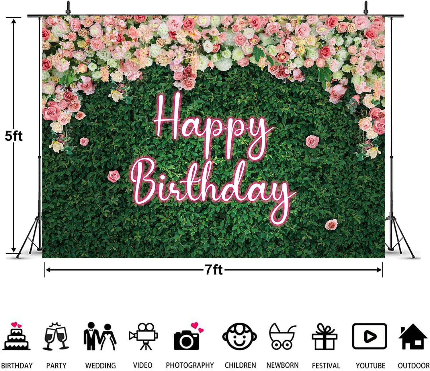 Thumbnail 5 de Green Leaves Happy Birthday neon pink rose backdrop (7x5ft) for photo & party table styling