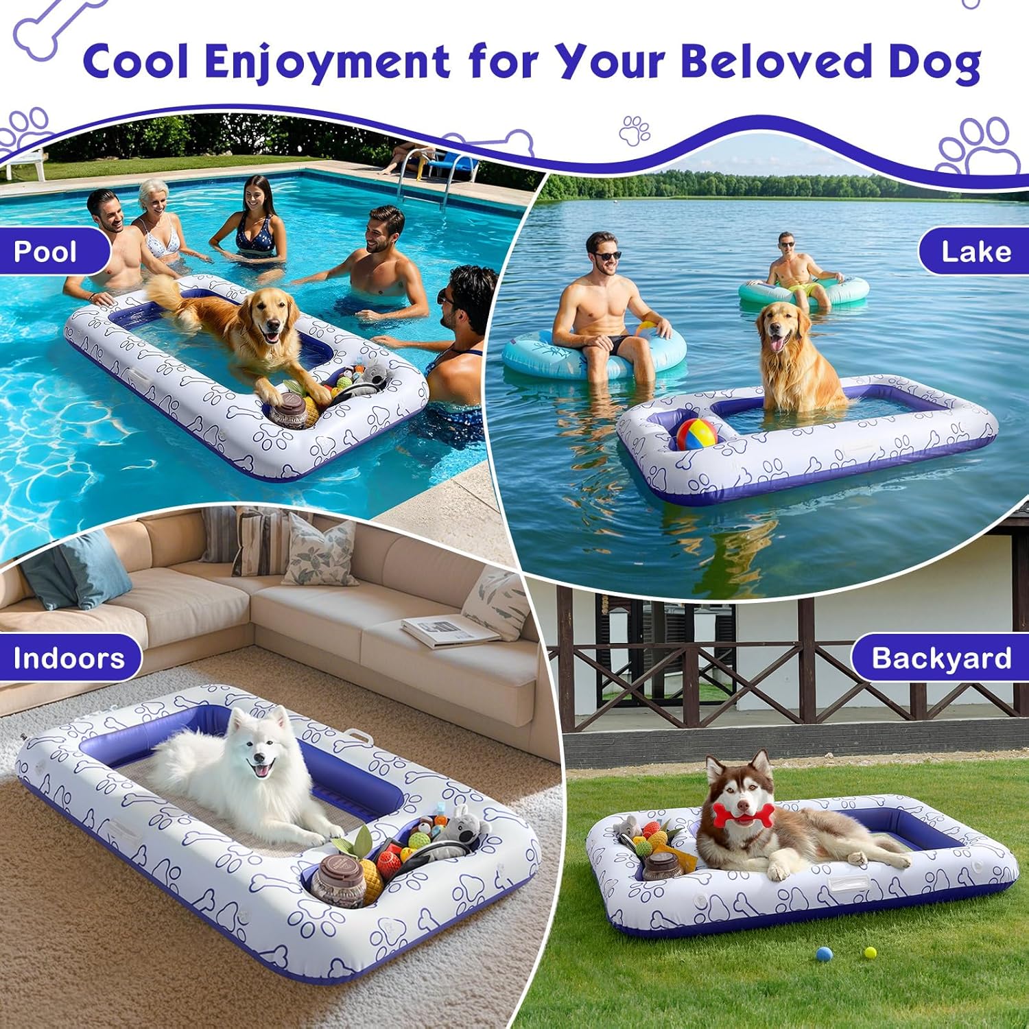 Thumbnail 6 de MoKo Hundepool-Schwimmfloß 59 × 35 Zoll – Aufblasbares Hundebett mit Staufach, PVC/Mesh, Blau
