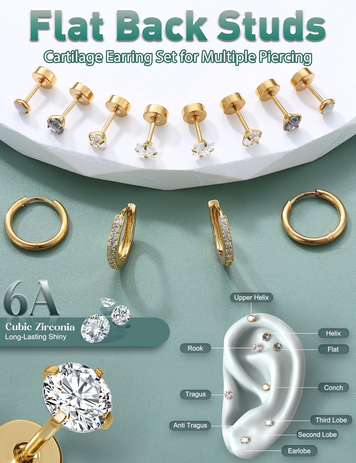Detalle de Roheafer 6 Paar Ohrringe Gold (Chirurgenstahl) – Flatback Ohrstecker & kleine Creolen für mehrere Piercings