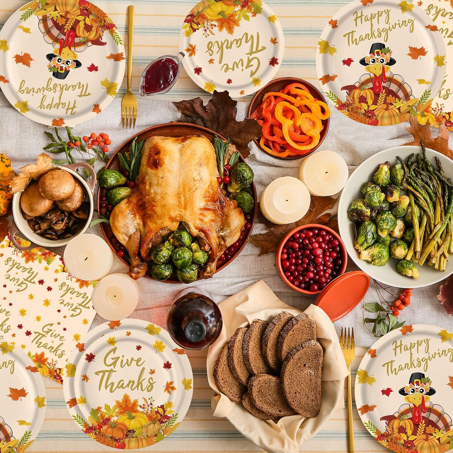 Detalle de PERFQU Thanksgiving Paper Plates and Napkins Set, 150 Pieces, 9- and 7-Inch
