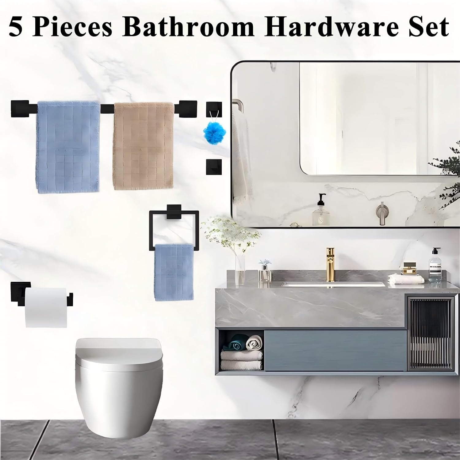 Thumbnail 1 de HBVUQ YS-5PCS Matte Black Stainless Steel Bathroom Hardware Set