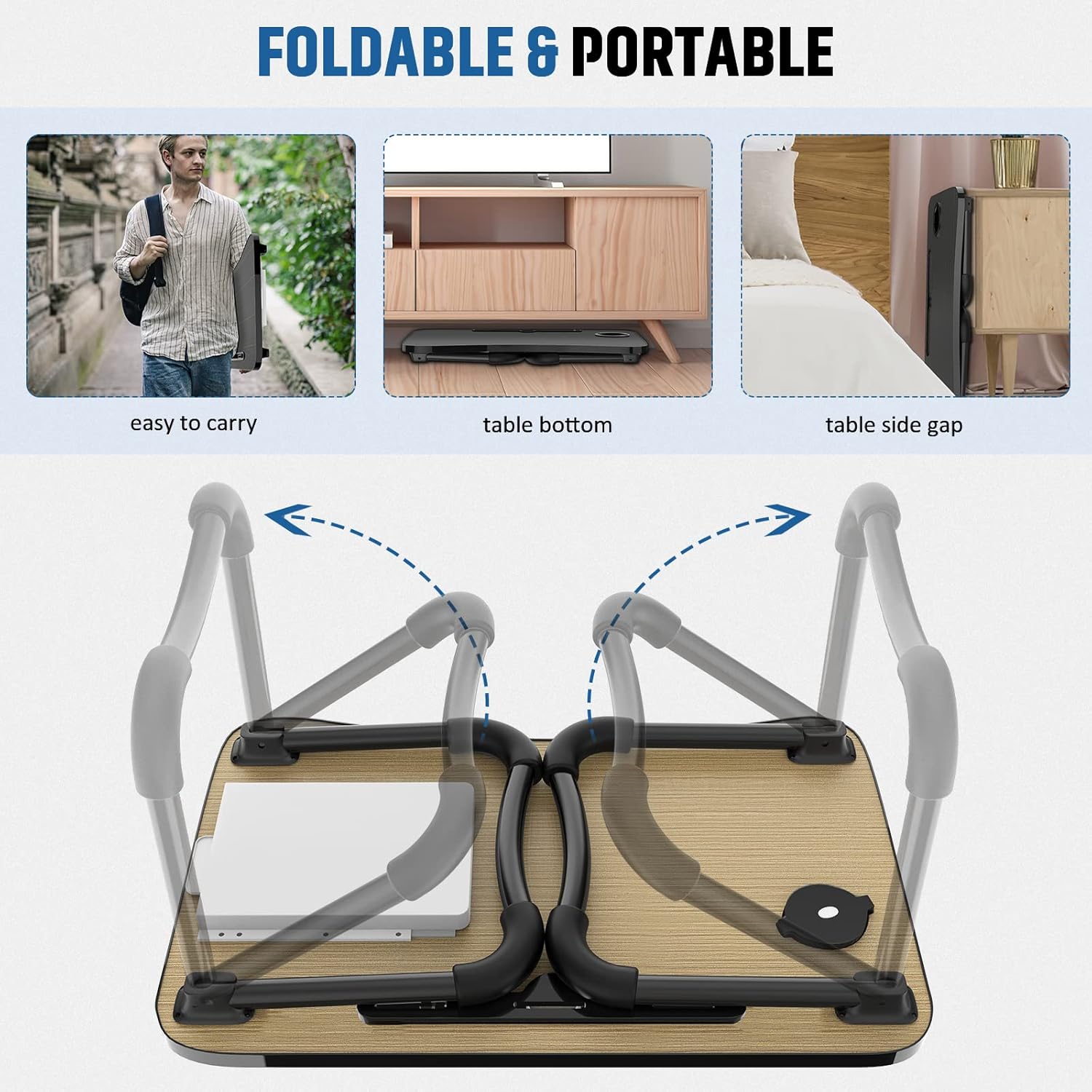 Thumbnail 4 de Zapuno Foldable Laptop Bed Table with Storage Drawer, Cup Holder & Phone/Tablet Slot (Arc Shape)