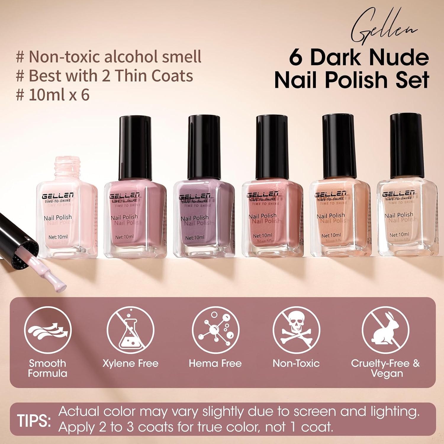 Detalle de GELLEN Nail Polish Neutral Earth Tones: 6-Color Nude Dusty Rose Set for All Seasons