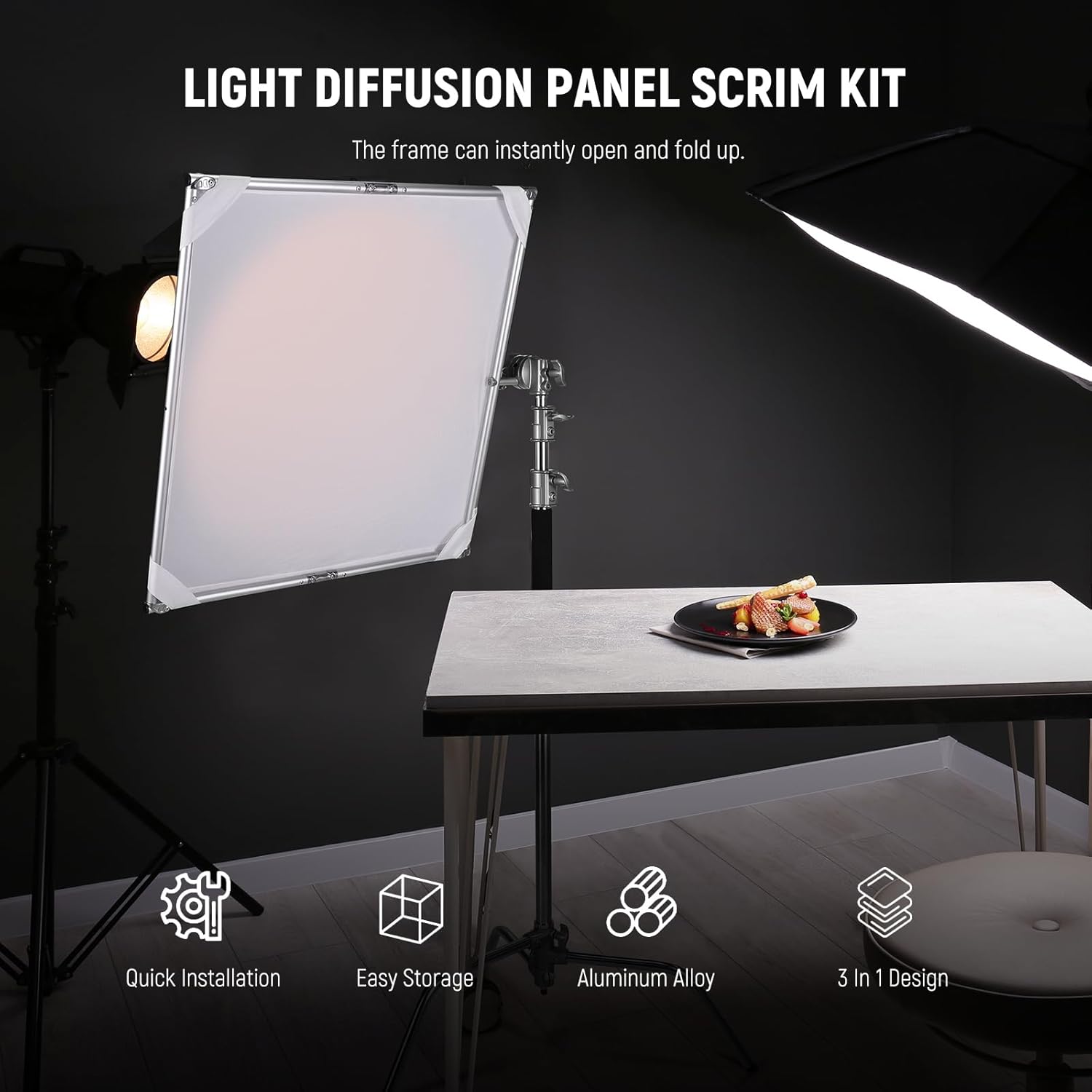 Detalle de NEEWER Kit panneau de diffusion de lumière Scrim 3 en 1 avec cadre pliable 75 x 75 cm (SF7575F)