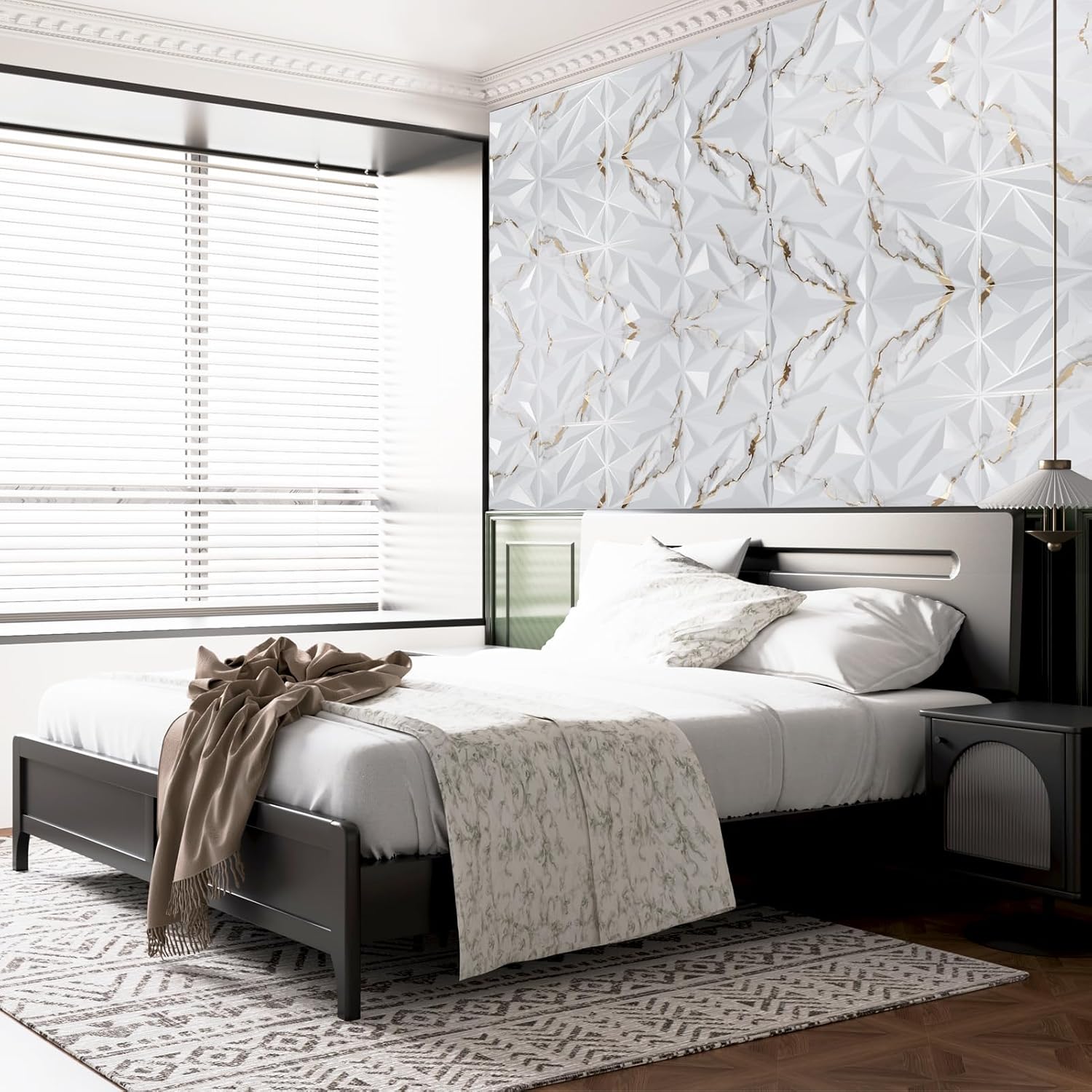 Detalle 2 de Art3dwallpanels 3D Diamond Wall Panels, 33-Pack, Gold Veined White, 12" x 12