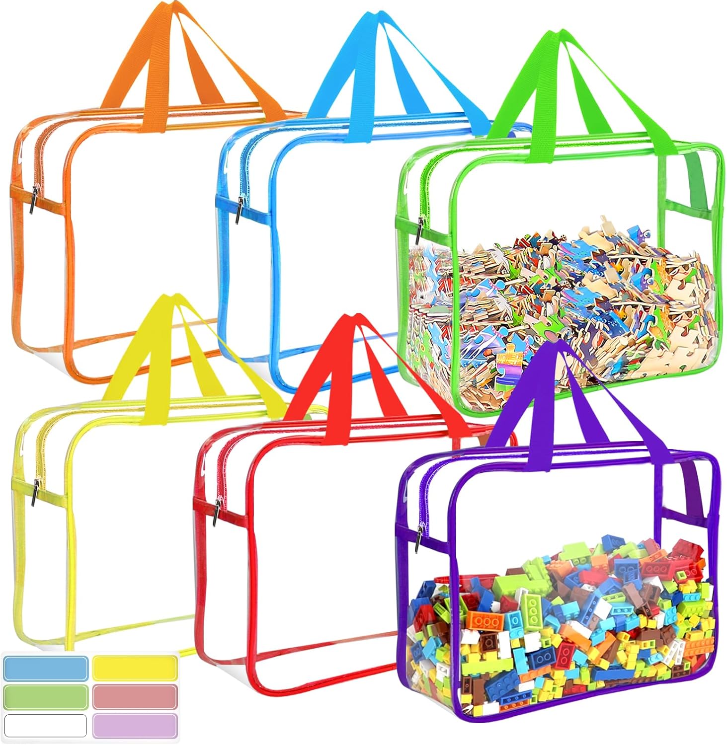 6 Color Large Toy Storage Bags with Labels – Reusable Clear PVC Organizer for Toys, Games, and Books